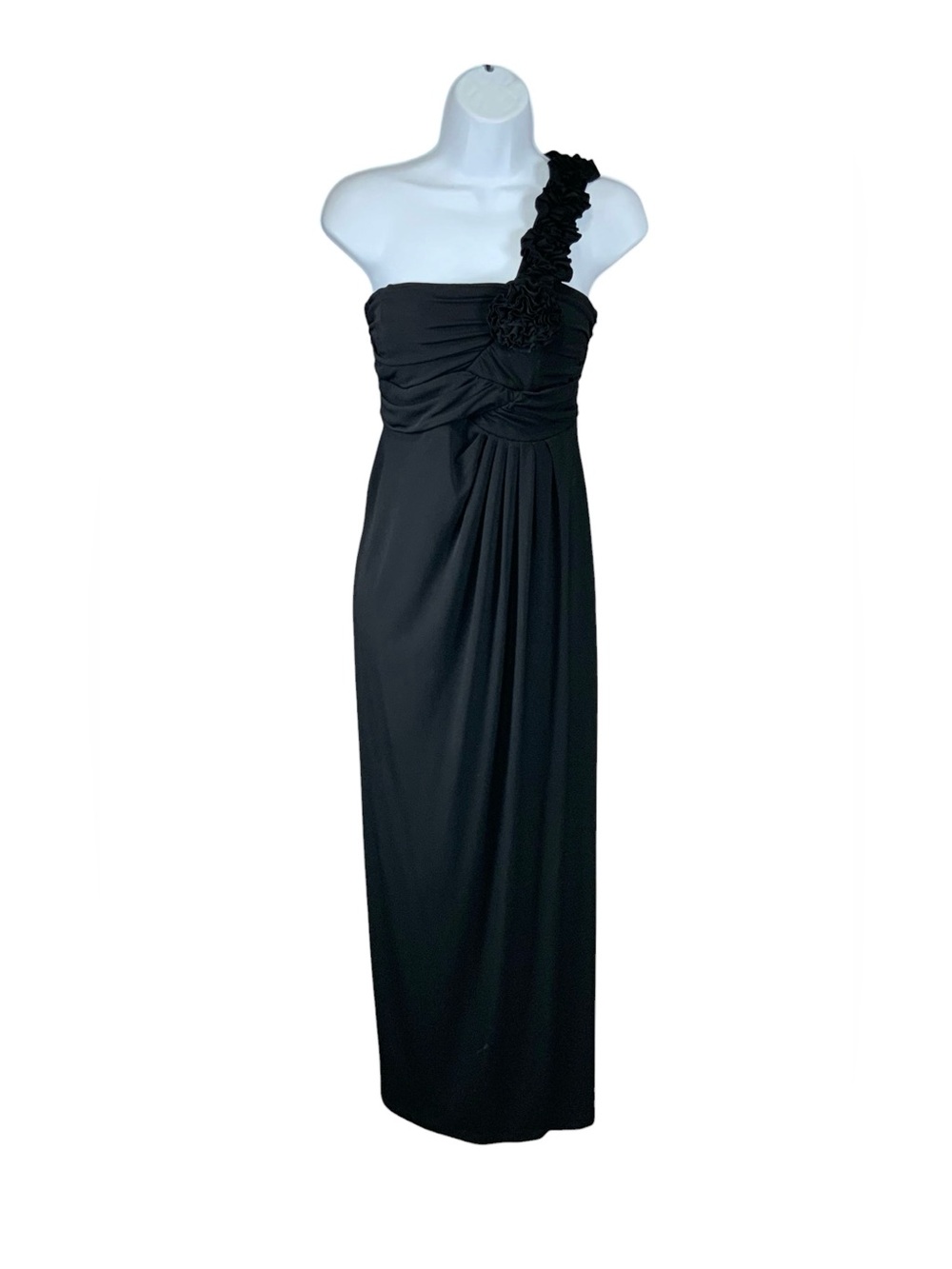 Valerie Bertinelli Black Ruffled Rosette One-Shoulder Dress